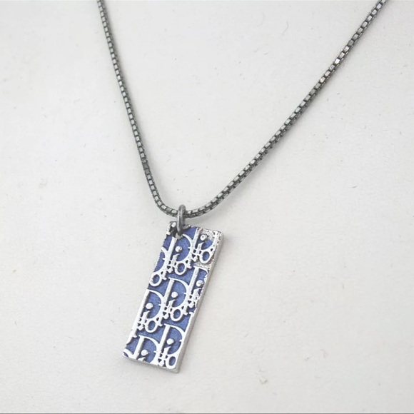 AUTH Christian Dior CD Trotter Logo Necklace Silver Blue - Picture 1 of 6